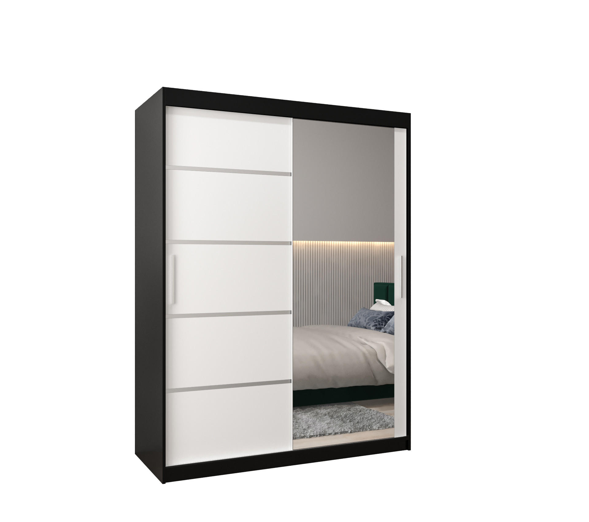 Möbel Kryspol Schwebetürenschrank Schwarz, Weiß, Silber 150x200x62 cm
