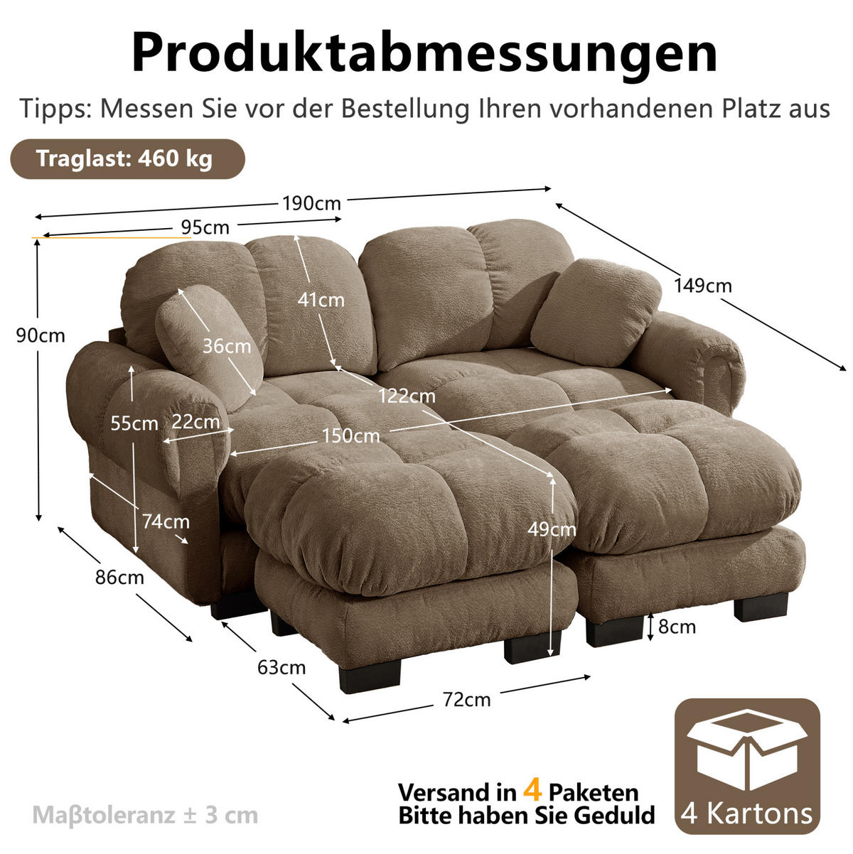 SOFA 190/149/90 cm in Braun aus Chenille mit modularer Flexibilität und Steppdesign - Braun, Textil (149/90/190cm) - Flora Grace
