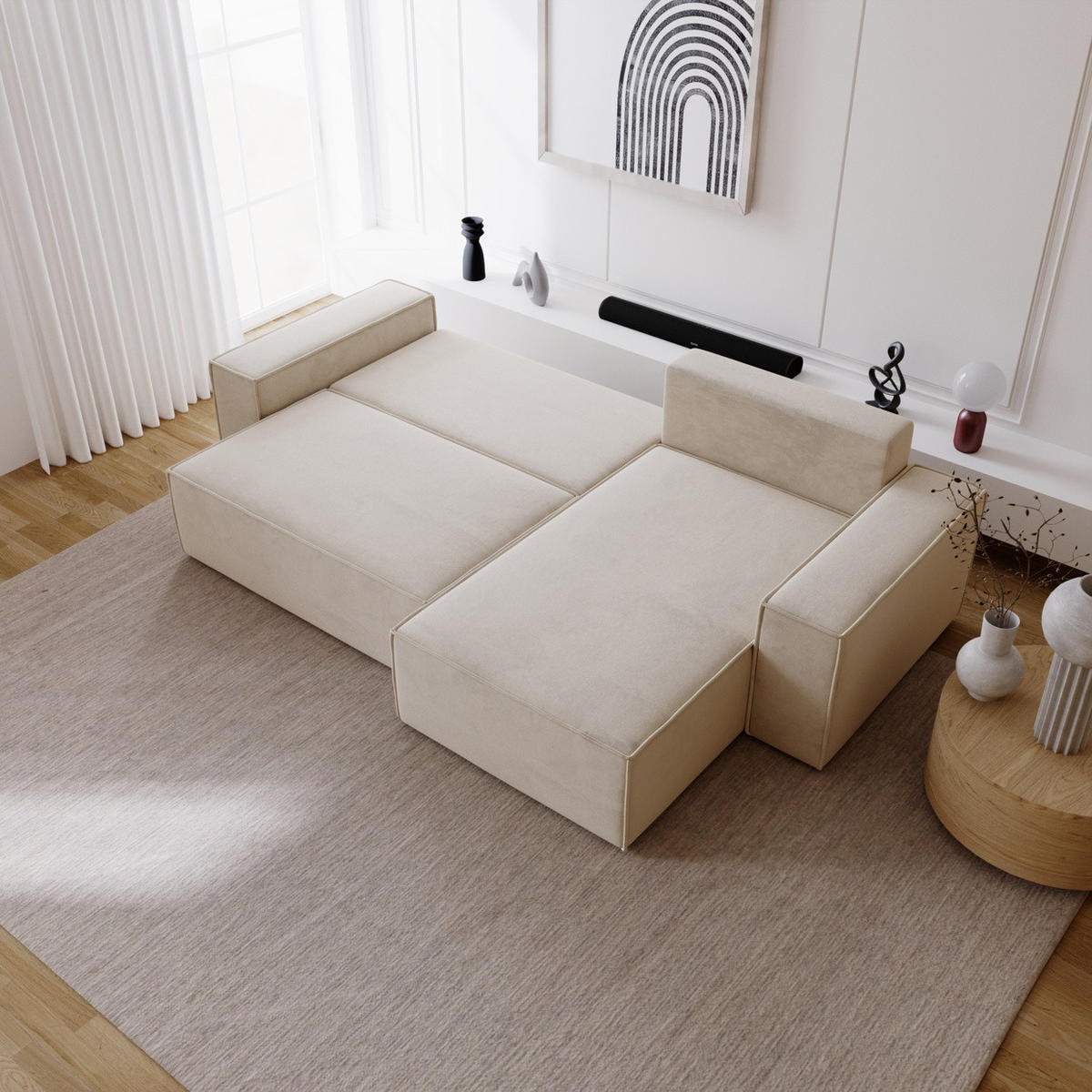 ECKSOFA mit Schlaffunktion Bergamo L 280 cm, Samt, Rechts - Beige - Beige, Holz (189/277cm) - Emporius