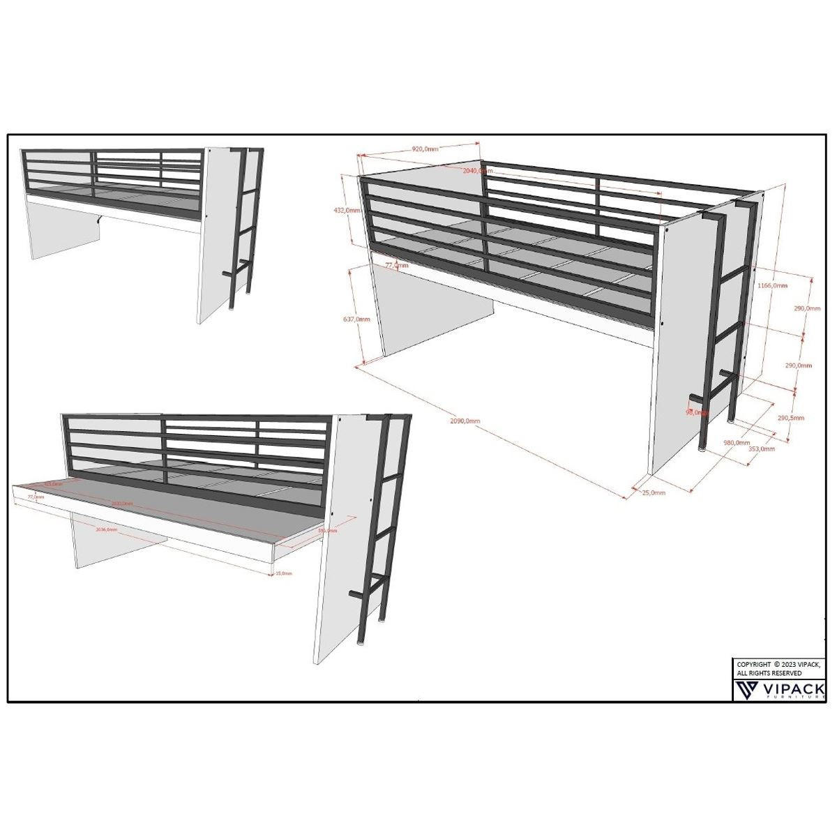 HALBHOCHBETT 90x200 Keelia Weiß mit Schreibtisch Stauraum Set - Weiß, Kunststoff - 58aufmkessel