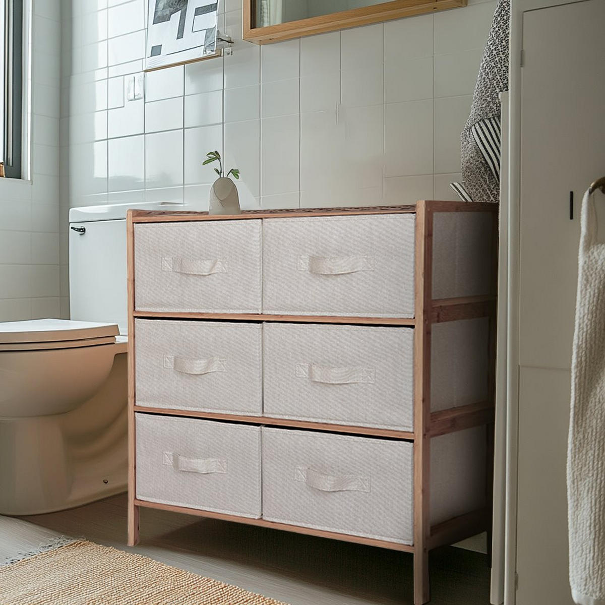 BADEZIMMERSCHRANK Bambus Stoff Beige Natur 66/35/79 cm - Naturfarben, Holz/Textil (66/79/35cm) - Begryf