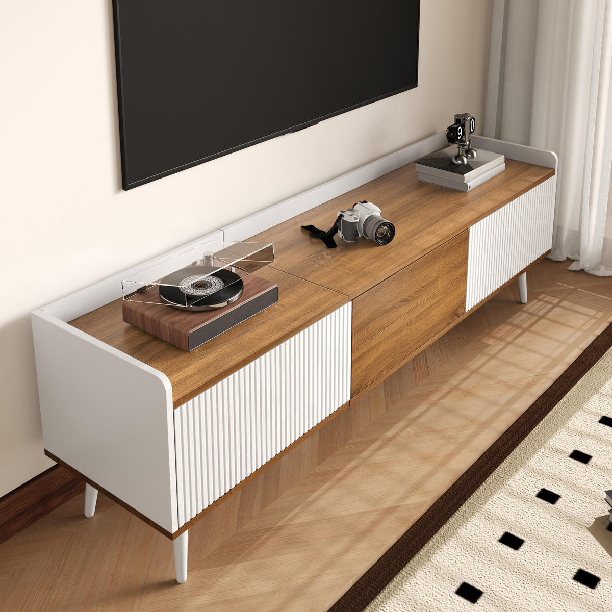 TV-ELEMENT160X39X49,5CM WeißNaturholz Dreitüriges Lowboard Mit Holzbeinen - Naturfarben, Holz (48.26/18.42/119.38cm) - Raelunyi