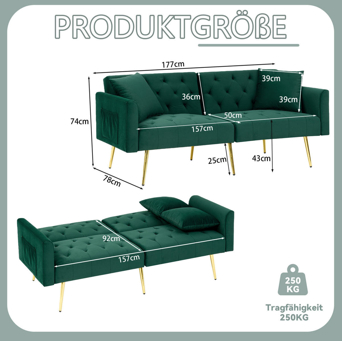 SOFA mit verstellbarer Rückenlehne 2-Sitzer Samt Grün - Grün, Holzwerkstoff (177/74/78cm) - Meubliv