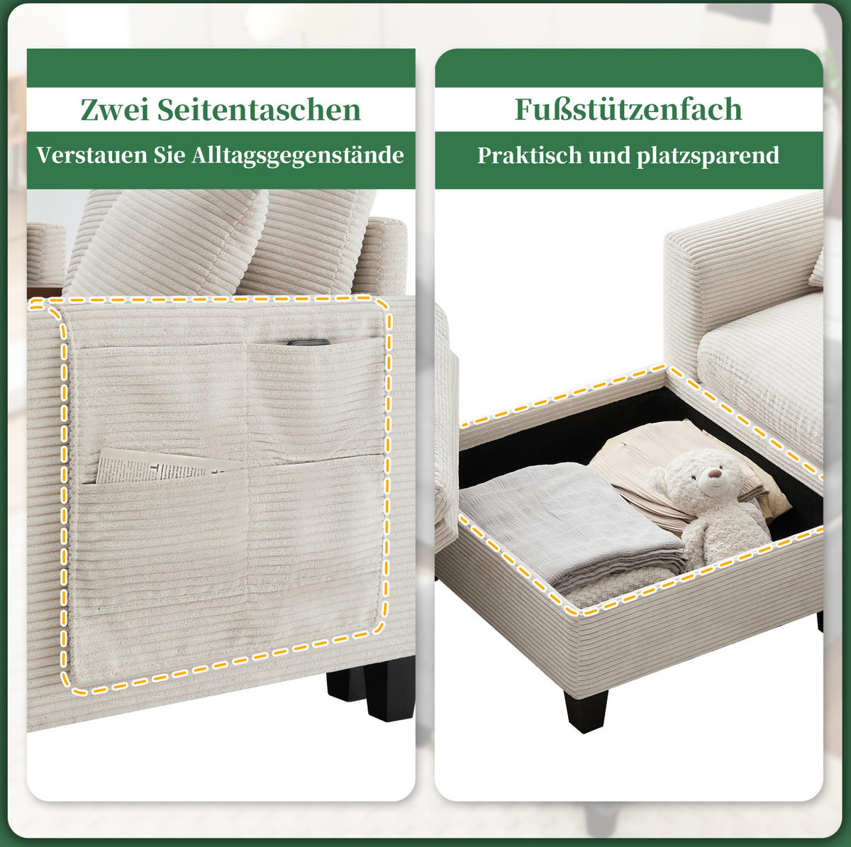 ECKSOFA L-Form Cord mit Konsole und USB-Anschluss inklusive Hocker 229/149,5/83 cm Beige - Beige, Kunststoff/Textil (83/149.5cm) - Redom