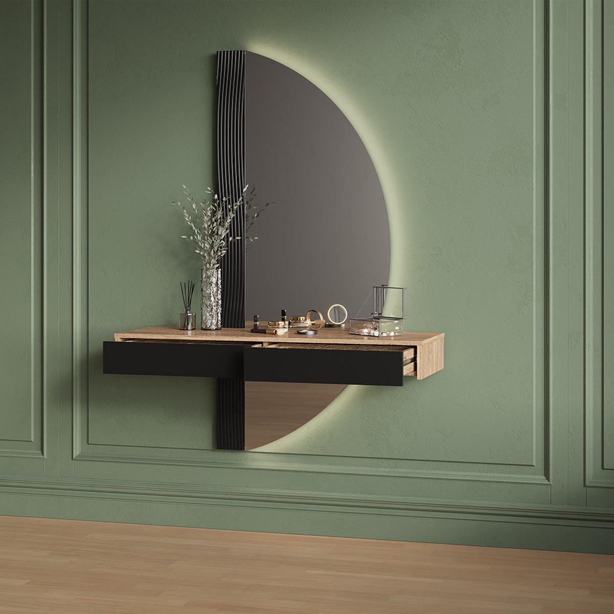 SCHMINKTISCH Ascona Schwarz 120 cm mit 2 Schubladen - Eichefarben/Schwarz, Holzwerkstoff (120/161.1/40cm) - Livinity®