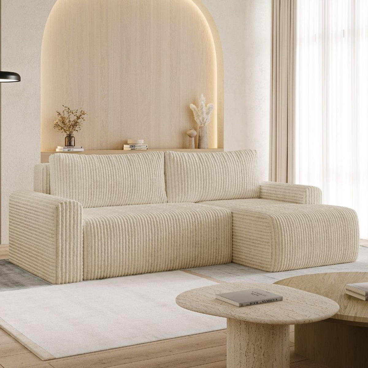 ECKSOFA MILO SMALL mit Schlaffunktion und Bettkasten, Rechts - TILIA 11 - Beige, Holz (240/142cm) - Dekori_Interiors