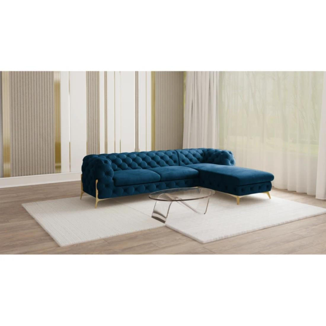 ECKSOFA Chesterfield Lexi Marineblau Samt, Ottomane rechts - Goldfarben/Dunkelblau, Holz/Textil (305/200cm) - S-Style Möbel
