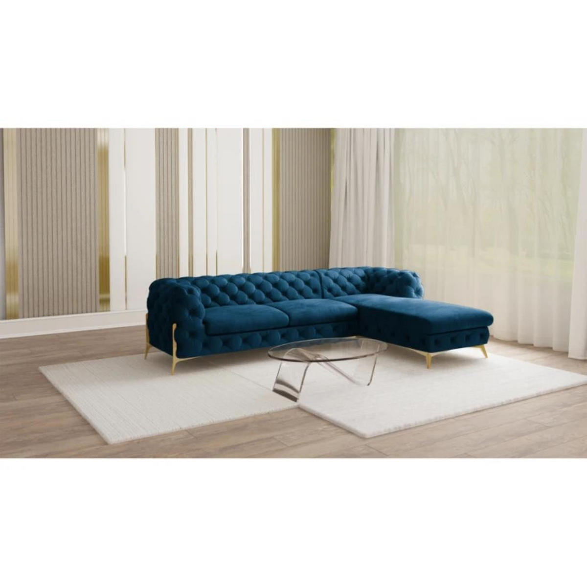 ECKSOFA Chesterfield Lexi Marineblau Samt, Ottomane rechts - Goldfarben/Dunkelblau, Holz/Textil (305/200cm) - S-Style Möbel