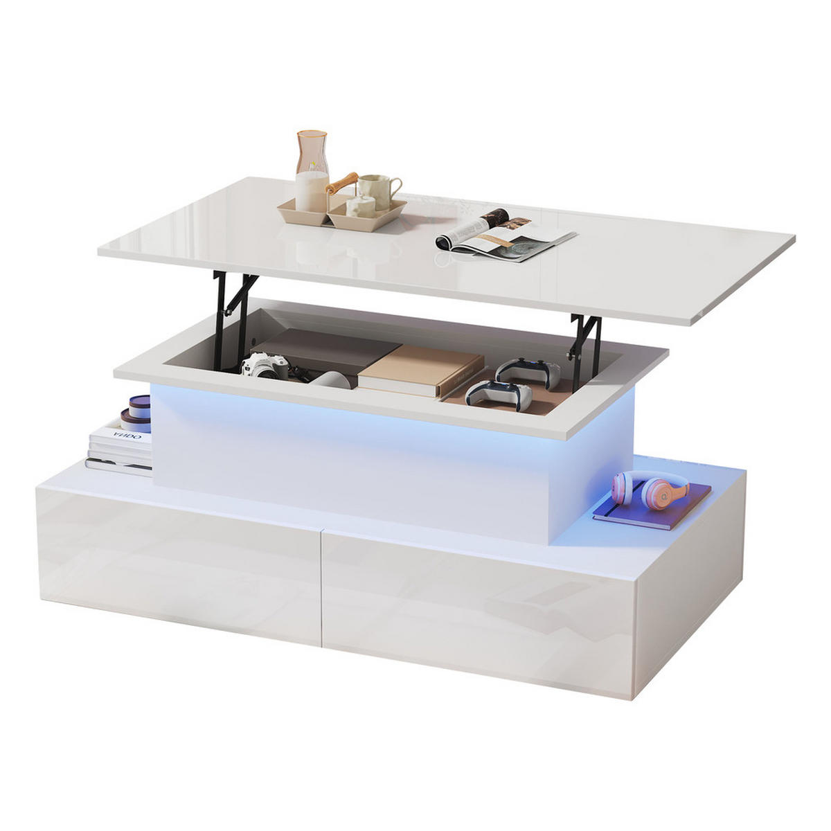 COUCHTISCH 90x55cm Weiß Hochglanz LED 4 Schubladen Stauraum 30kg - Weiß, Holz (101.6/62.23/10.8cm) - FLIEKS