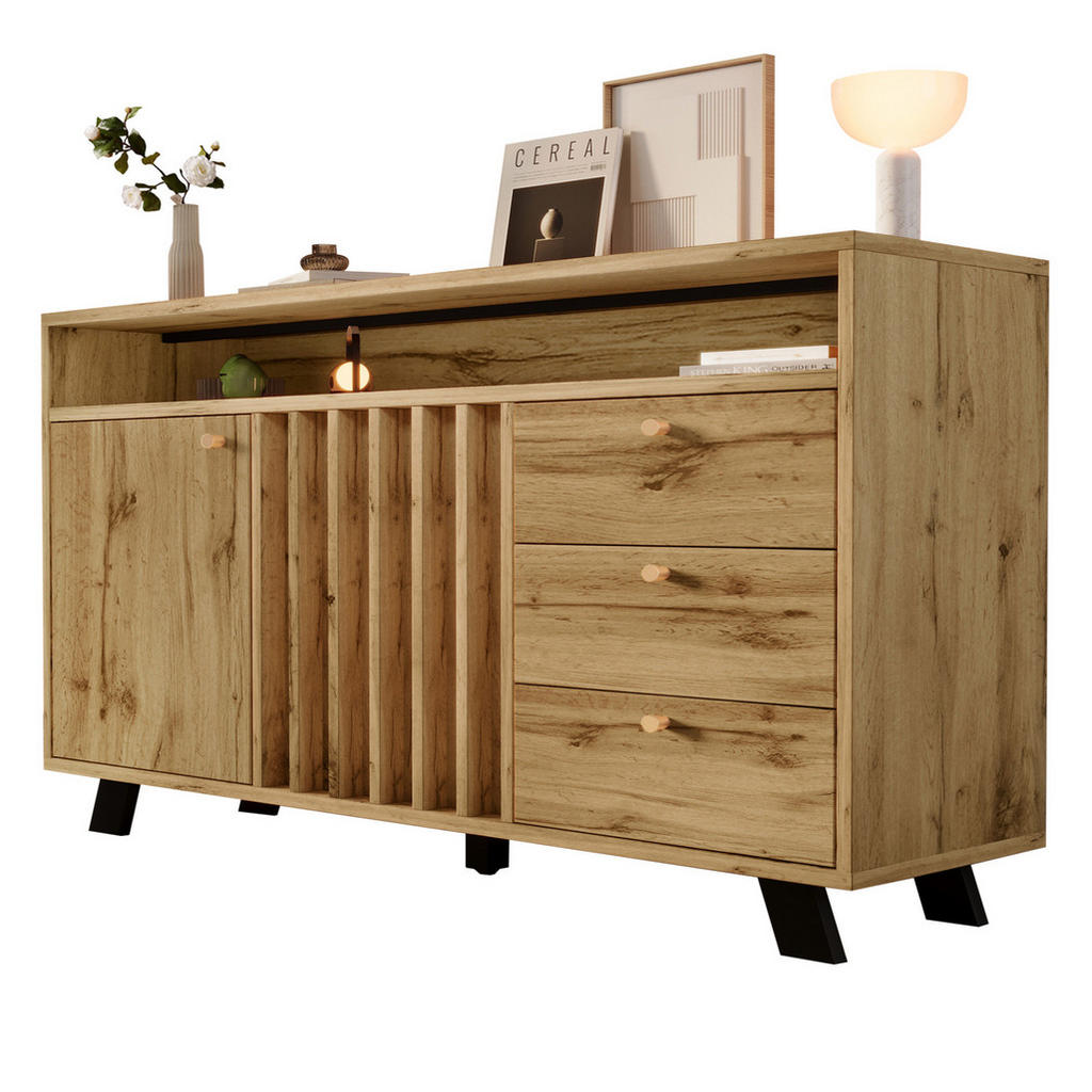 Modfu KOMODA z dřevotřísky a MDF 120x40x85 cm tmavý dub se 3 zásuvkami, 2 dvířky, otevřenou přihrádkou a lamelovým čelem