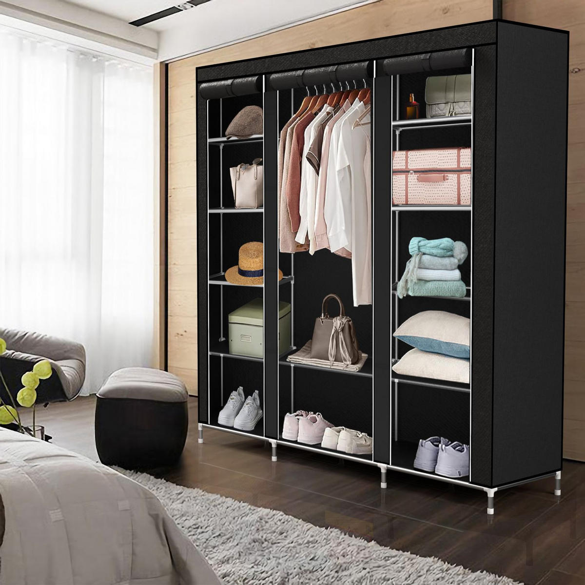 KLEIDERSCHRANK FALTBAR - Schwarz, Textil (45/175/150cm) - Intirilife
