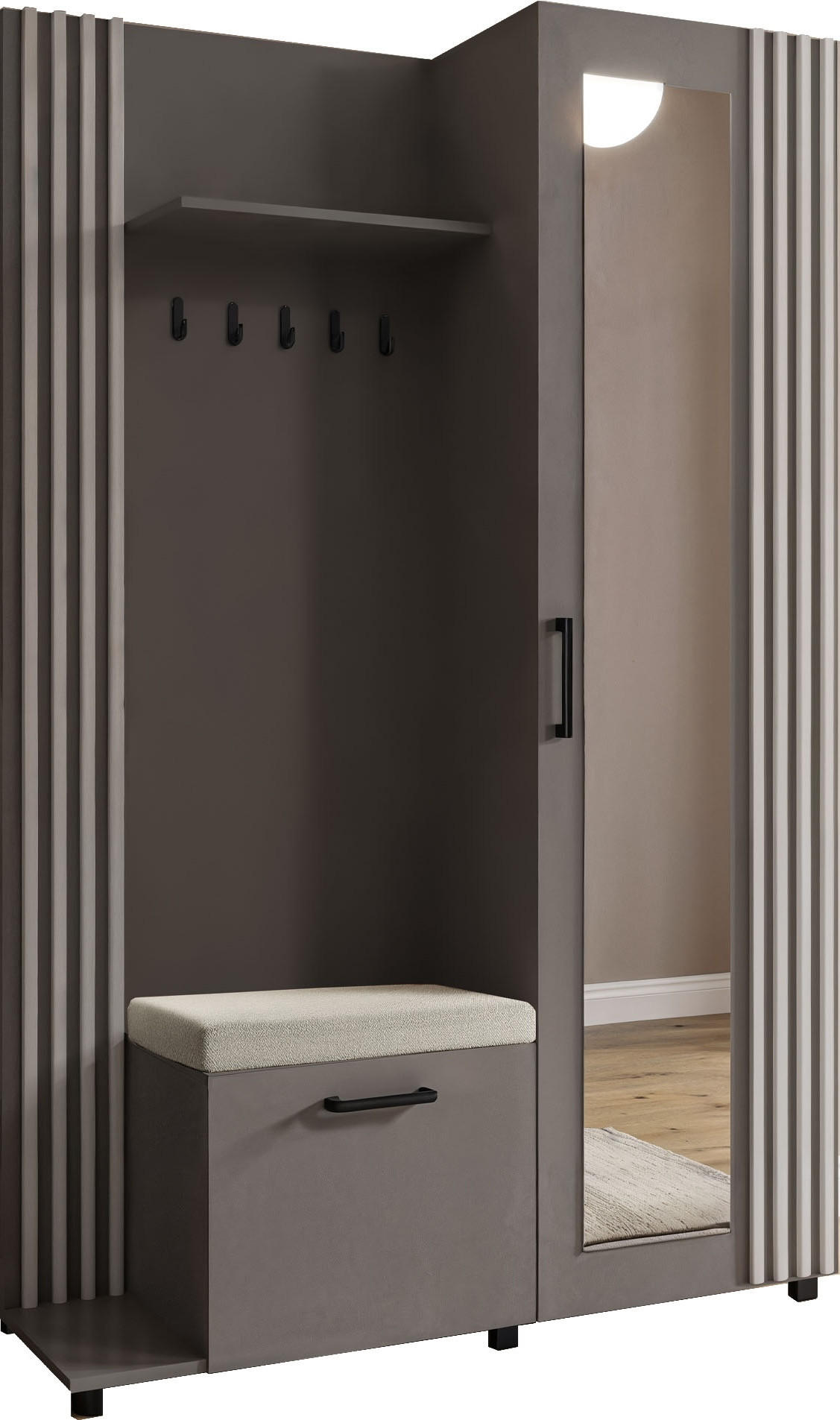 GARDEROBE Linaro mit Spiegel, Sitzbank in Lamellen-Optik 137/207/42 cm, Links - Schwarz/Grau, Holzwerkstoff (137/207/42cm) - WFL GROUP