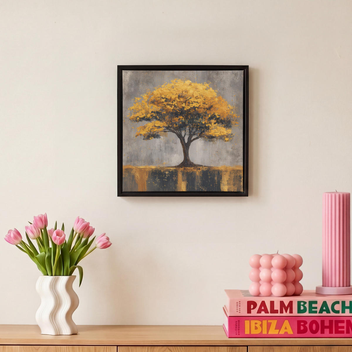 LEINWAND Bilder mit Rahmen - Baum - Blätter - Gold - Abstrakt - 20x20 - Grau, Textil (20/20cm) - MuchoWow