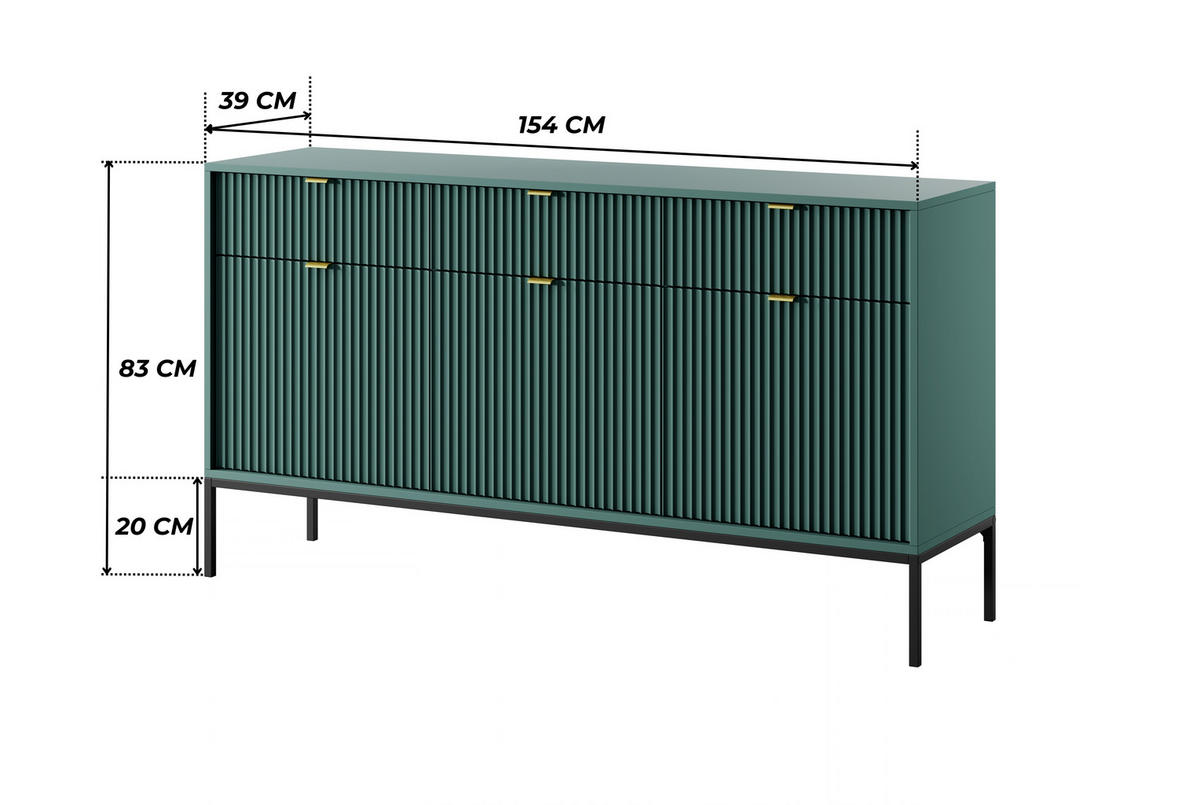 GRÜNE Moderne Geriffelte Kommode KIOTO K3D3SZ (Schwarzes Gestell, Soft-Close Türen) - Goldfarben/Schwarz, Holz/Holzwerkstoff (154/91/39cm) - Ravio