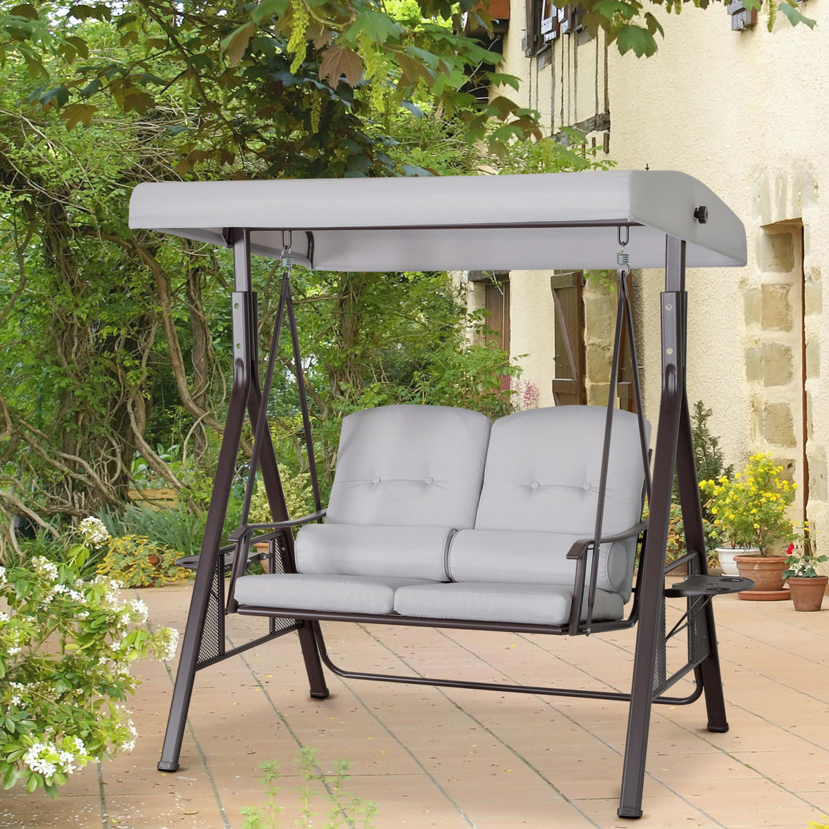 GARTENSCHAUKEL 2-Sitzer mit Sonnendach Kissen Tablett Metall Kunststoff Grau - Grau, Kunststoff/Metall (220/173/162cm) - Outsunny