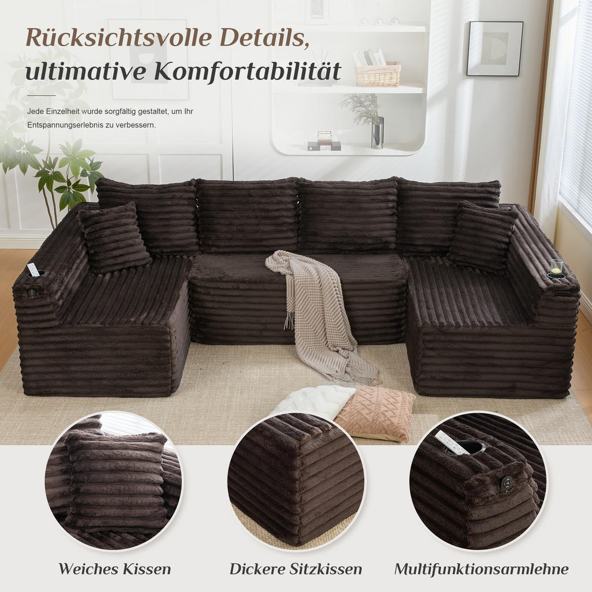 WOHNLANDSCHAFT 320/155/88 cm Braun mit Getränkehalter und Seitentasche - Braun, Textil (320/88/155cm) - Oxeza