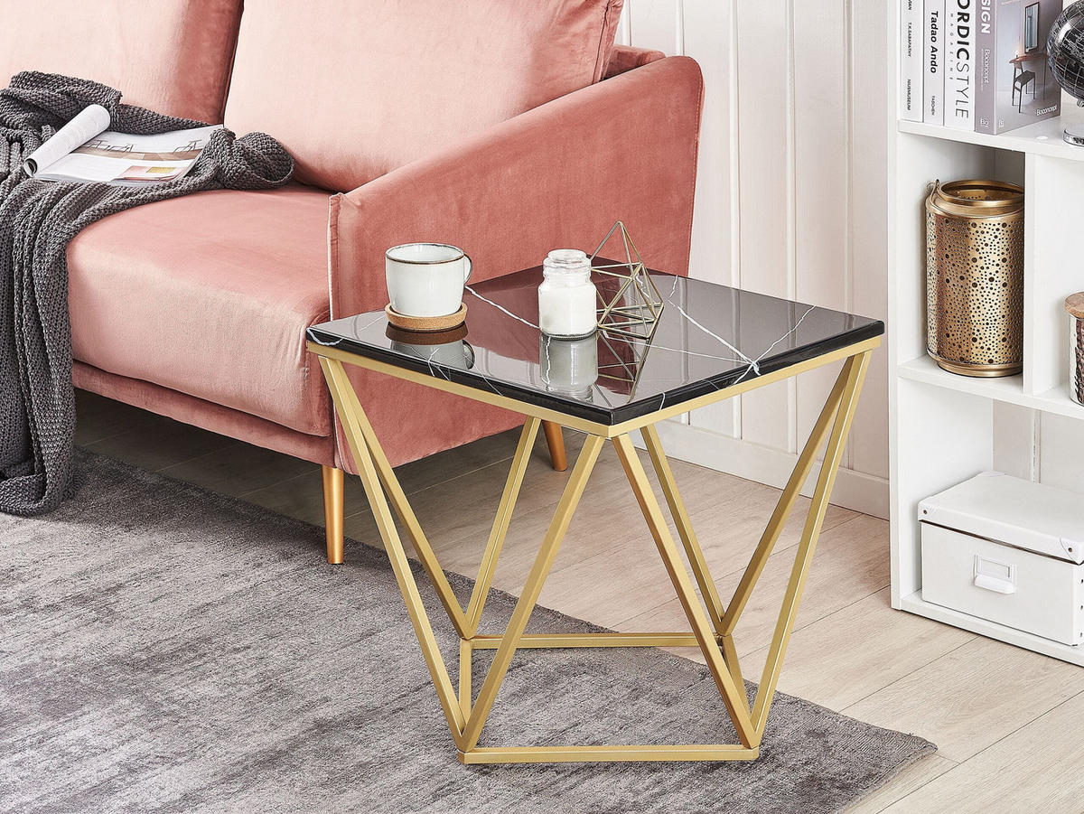 KISASZTAL fekete/arany Márványhatású négyzet alakú 50/50 cm Malibu - fekete/arany színű, faalapú anyag (50/50/50cm) - Beliani