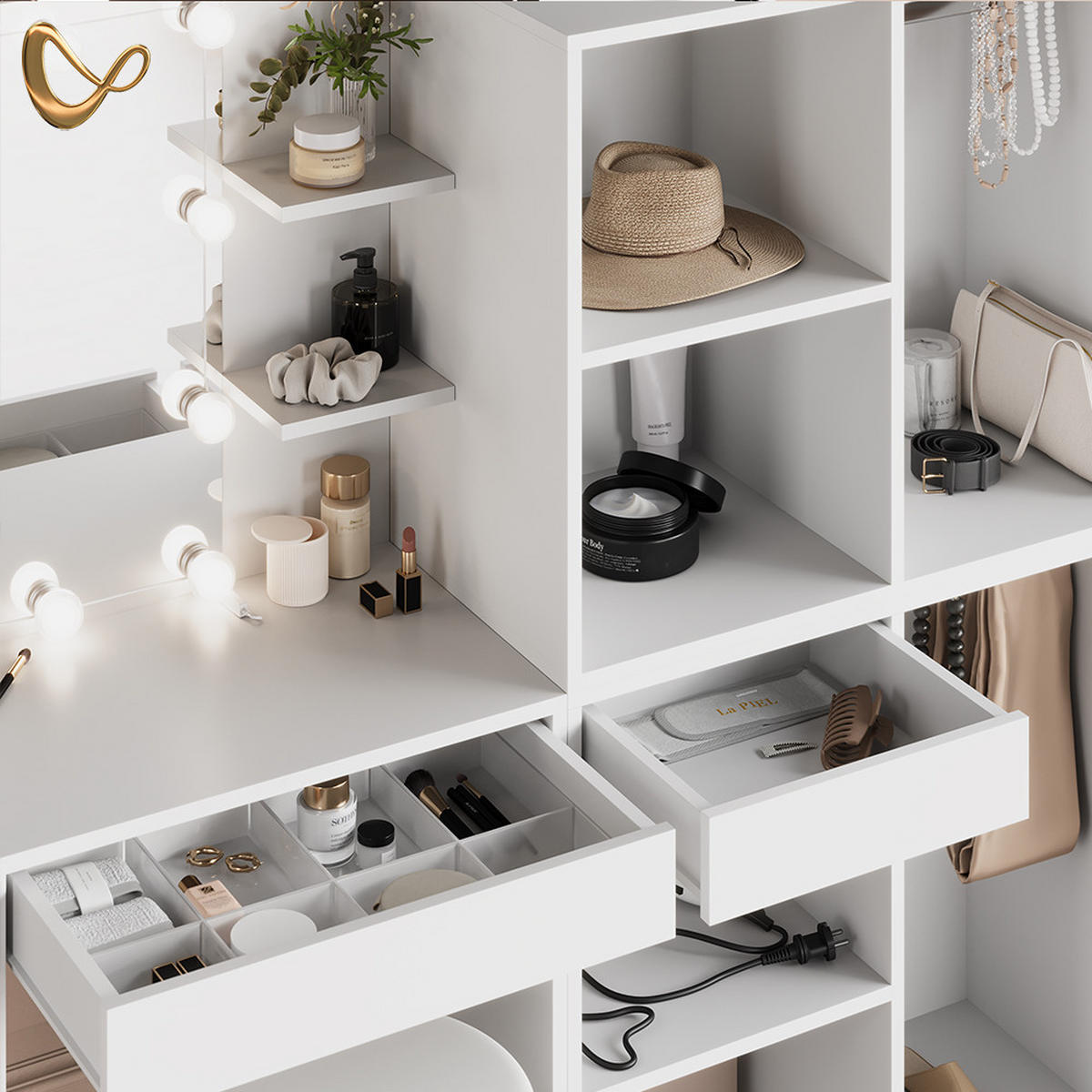 SCHMINKTISCH Nola Weiß 140 cm mit LED Beleuchtung und Schränken - Weiß, Holzwerkstoff (140/140/40cm) - Livinity®