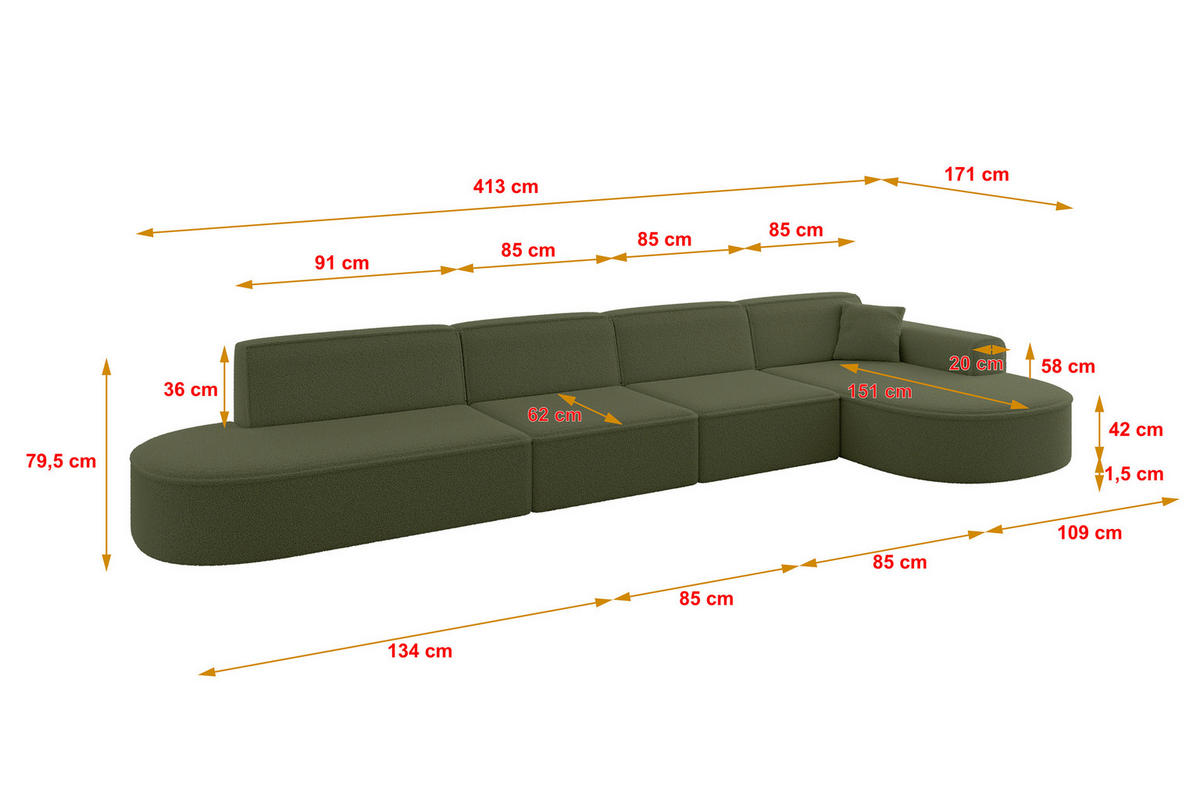 ECKSOFA Ottomane Rechts MARI-L3 - 413x171x79 cm Grün Bouclé - Schwarz/Grün, Holzwerkstoff/Kunststoff (171/413cm) - ALTDECOR