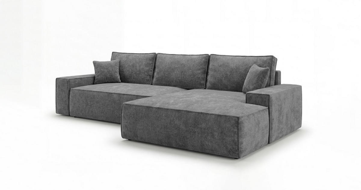 ECKSOFA VERONA rechts dunkelgrau Cord Poso 60 - Schlaffunktion, Bettkasten - Anthrazit, Textil (280/184cm) - Cornero