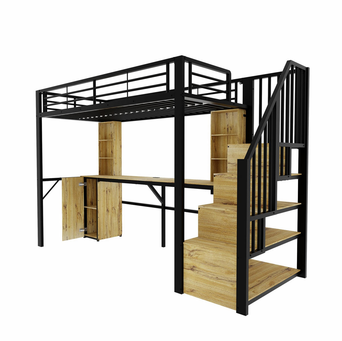 HOCHBETT 90x200 cm in Schwarz mit Schreibtisch, Stauraumtreppe und USB-Anschluss - Schwarz, Metall (90/200cm) - IVMEU