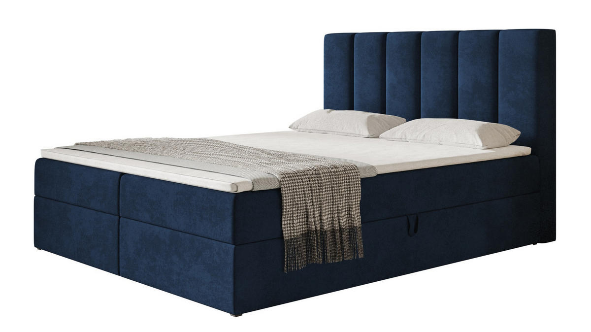 BOXBETT TOKIO mit 2 Bettkästen, 140x200, Farbe: Dunkelblau, Velourstoff, Doppelbett mit Bonell-Matratze - Dunkelblau, Holz/Kunststoff (140/200cm) - Alpi-Möbel
