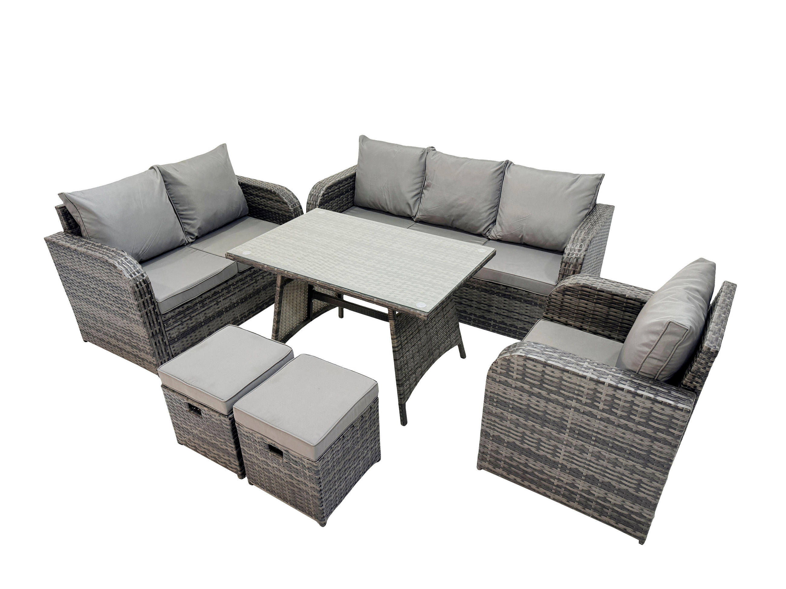 GARTENMÖBEL SET Polyrattan Dunkelgrau 8-Sitzer - Dunkelgrau/Grau, Glas/Kunststoff - Fimous
