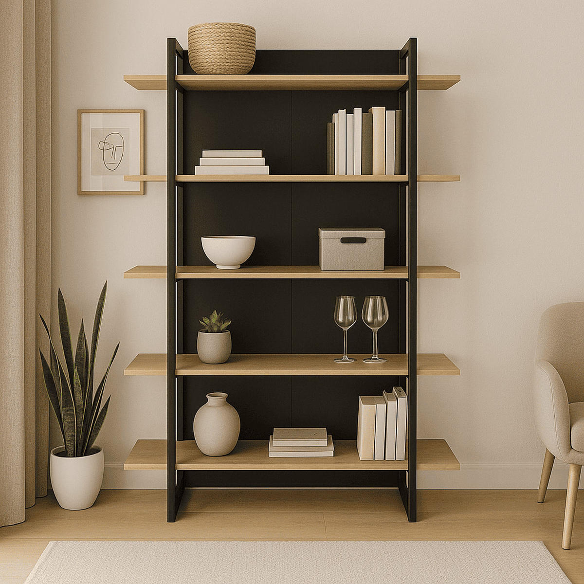 BÜCHERREGAL 5 Regale L136 cm - Russel - Schwarz, Holzwerkstoff (44/180/136cm) - Calicosy