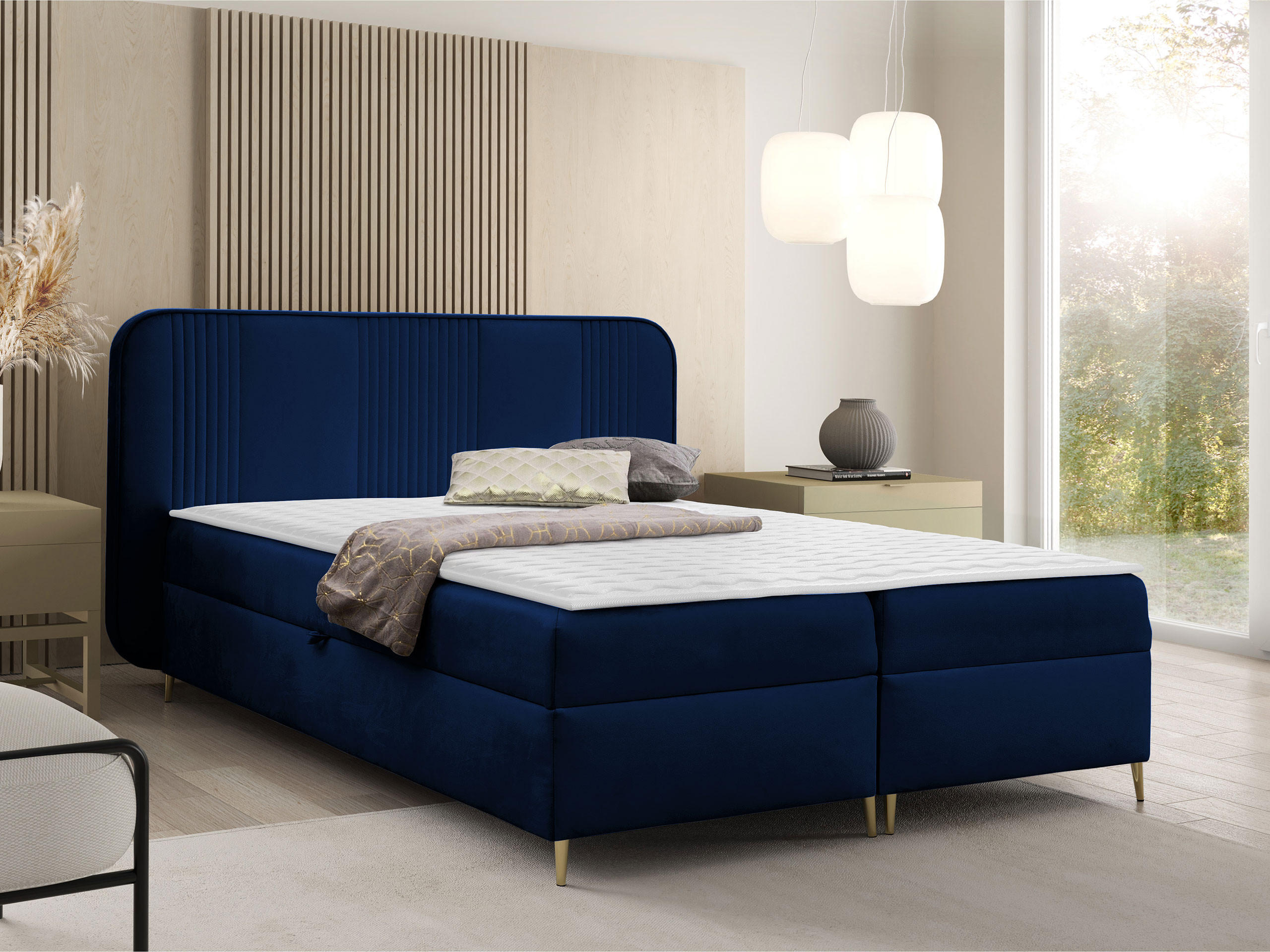 BOXBETT Fandy - Goldfarben/Dunkelblau, Holz/Textil (120/200cm) - MIRJAN24