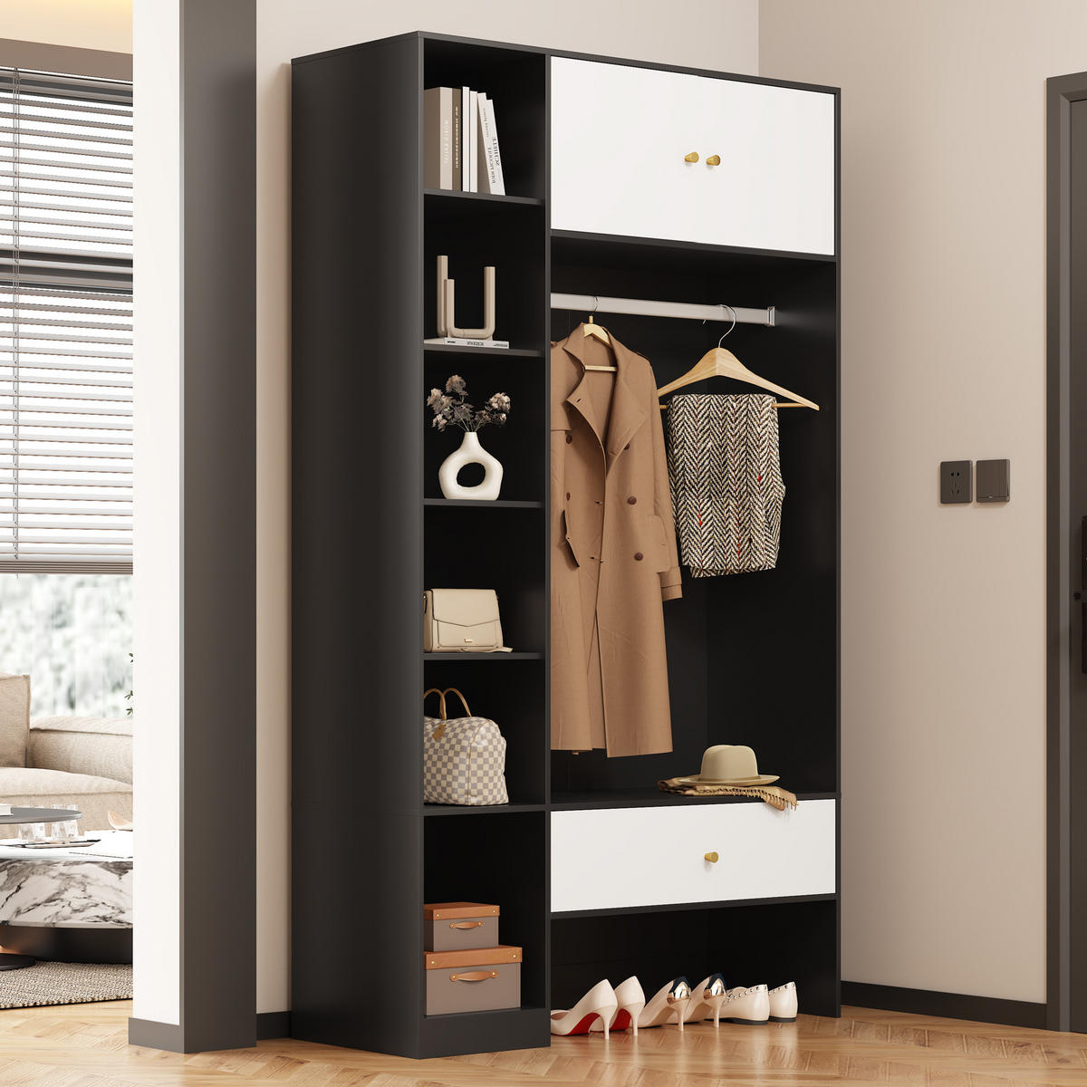 GARDEROBENSET Kompakt Schwarz Weiß 105x40x185cm - Multicolor, Holzwerkstoff (40/185/105cm) - FLIEKS