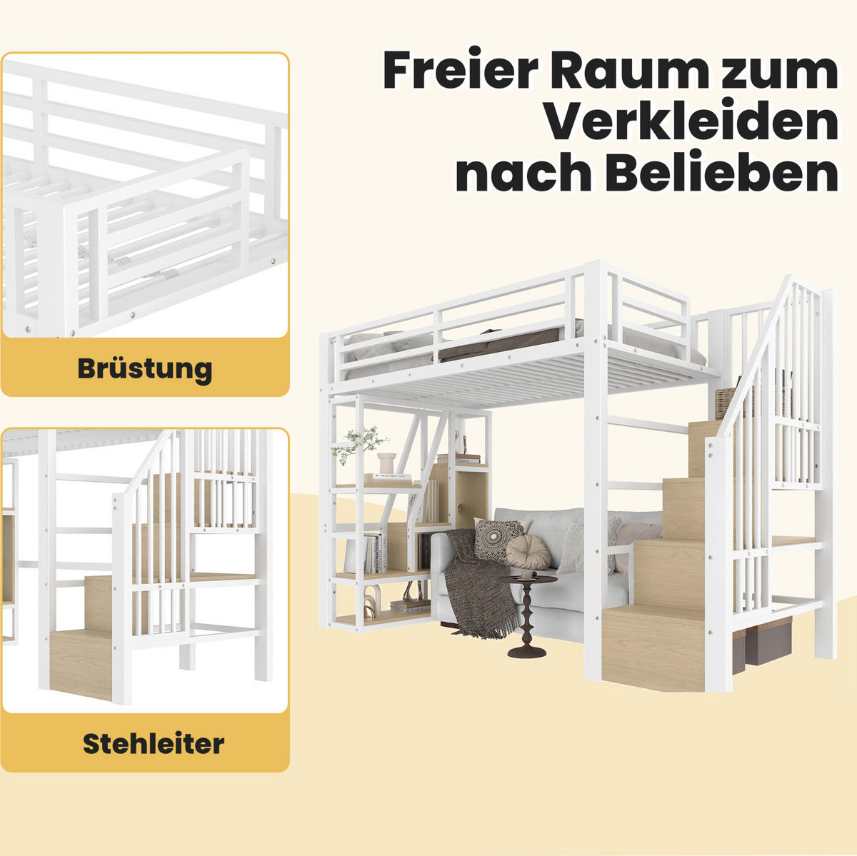 HOCHBETT 90/200 cm mit LED-Lichtleiste, Stauraumtreppe, Schutzgeländer und offenem Regaldesign, Weiß - Weiß, Holzwerkstoff (90/200cm) - Redom
