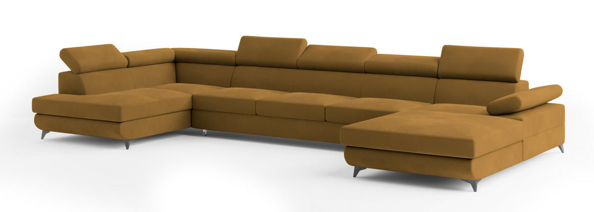 WOHNLANDSCHAFT MONTIVA Gelb Velours-Stoff mit Schlaffunktion - Gelb, Holz (410/89/190cm) - MASSENO