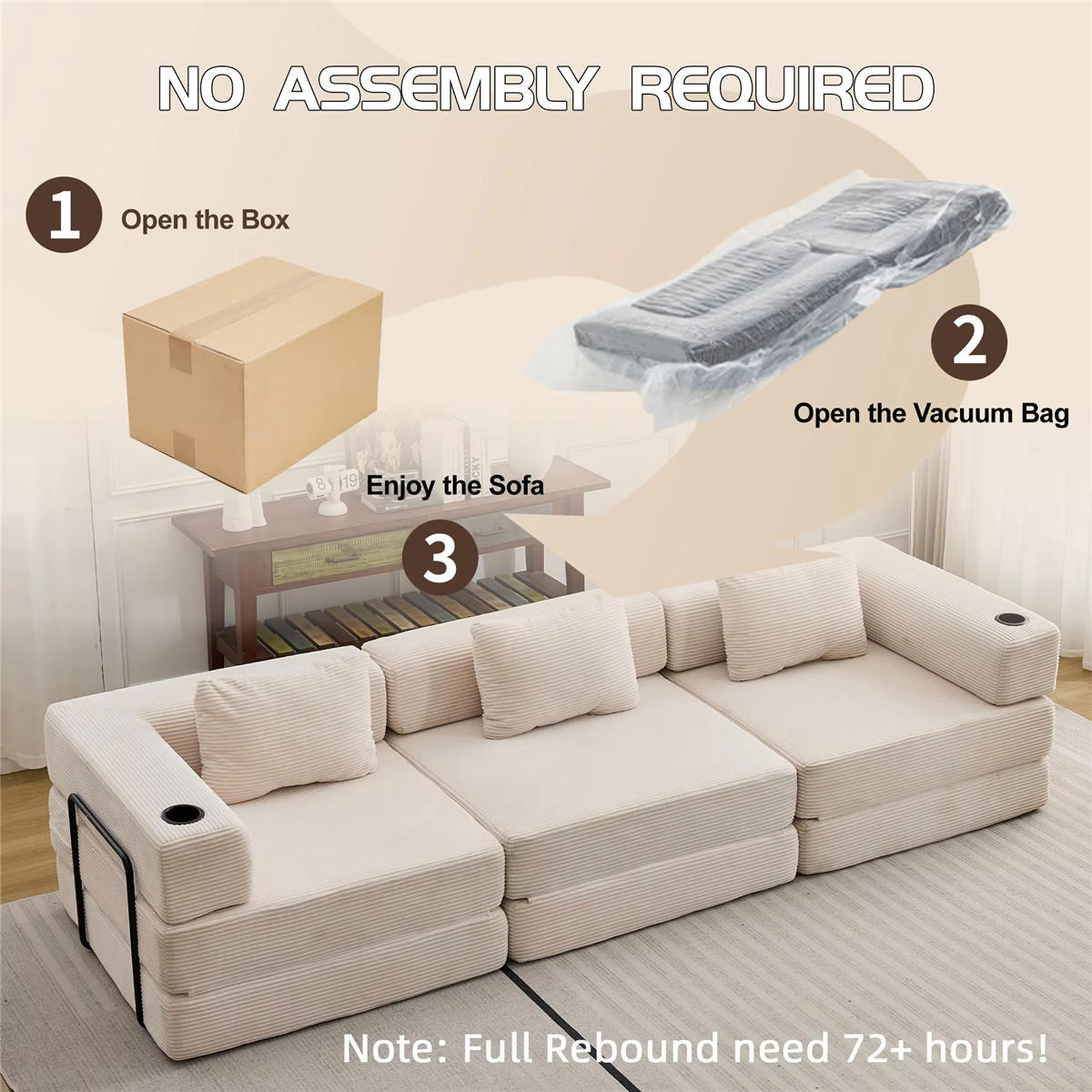 SCHLAFSOFA Cord 3-Sitzer mit Getränkehaltern und Schlaffunktion - Beige, Textil (300/63/100cm) - Kaket