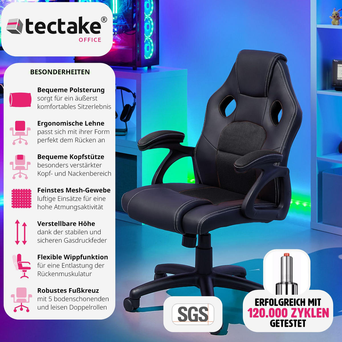 BÜROSTUHL Mike,stufenlos höhenverstellbar,schwarz - Schwarz, Leder (68/114.5/69cm) - tectake