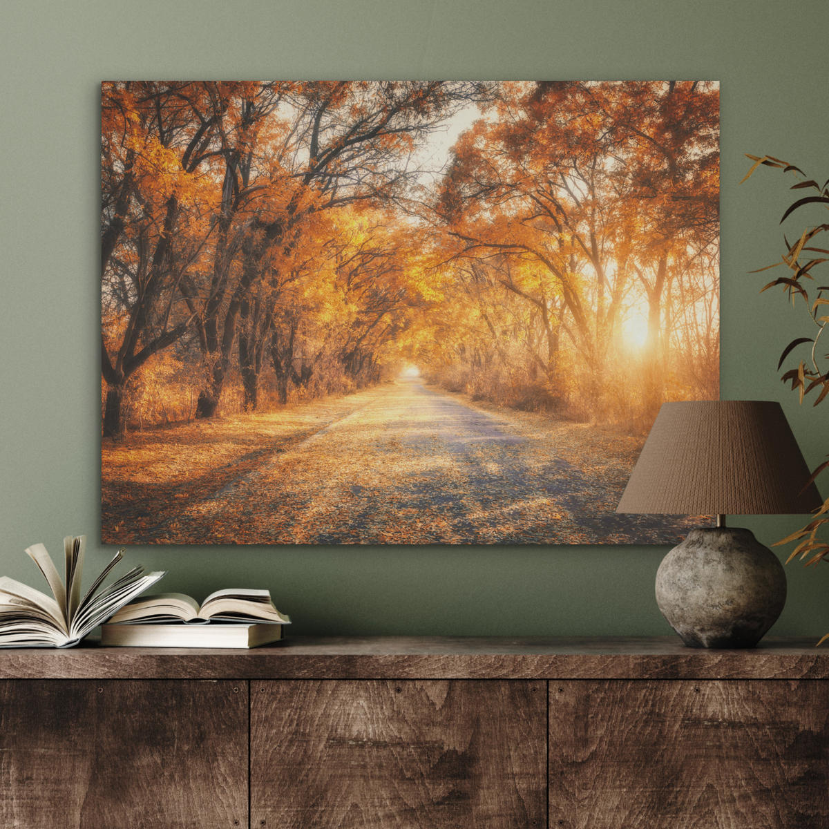 AKUSTIKPANEEL Wald - Herbst - Bäume - Waldweg - Natur 80x60 cm - Bernsteinfarben, Textil (80/0.9/60cm) - MuchoWow