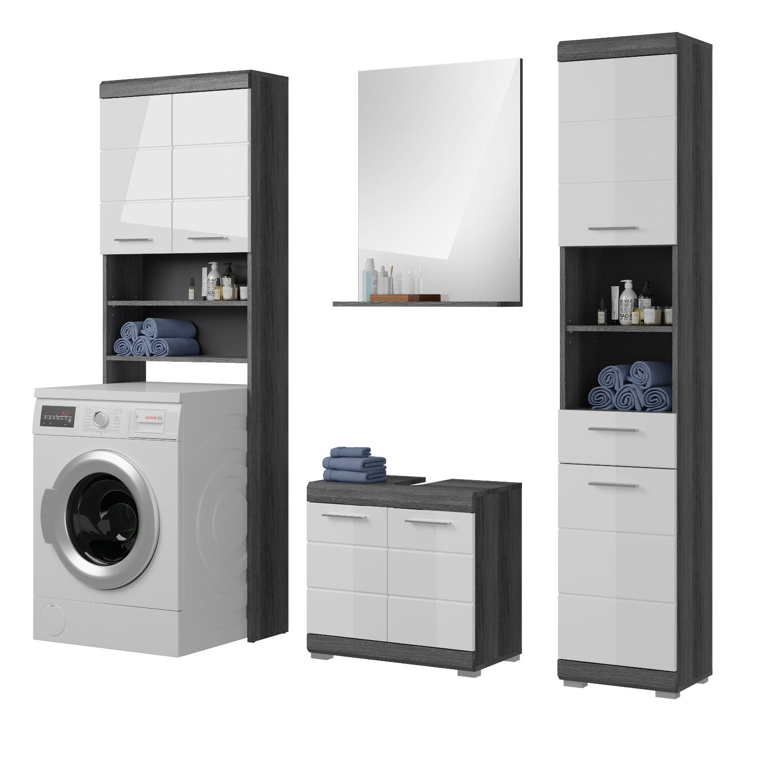 BADMÖBEL-SET weiß Hochglanz, grau 4-teilig 190 cm, Komplettset mit 14 Fächern - Weiß Hochglanz/Grau, Holzwerkstoff (190/191/34cm) - Inn.Furn