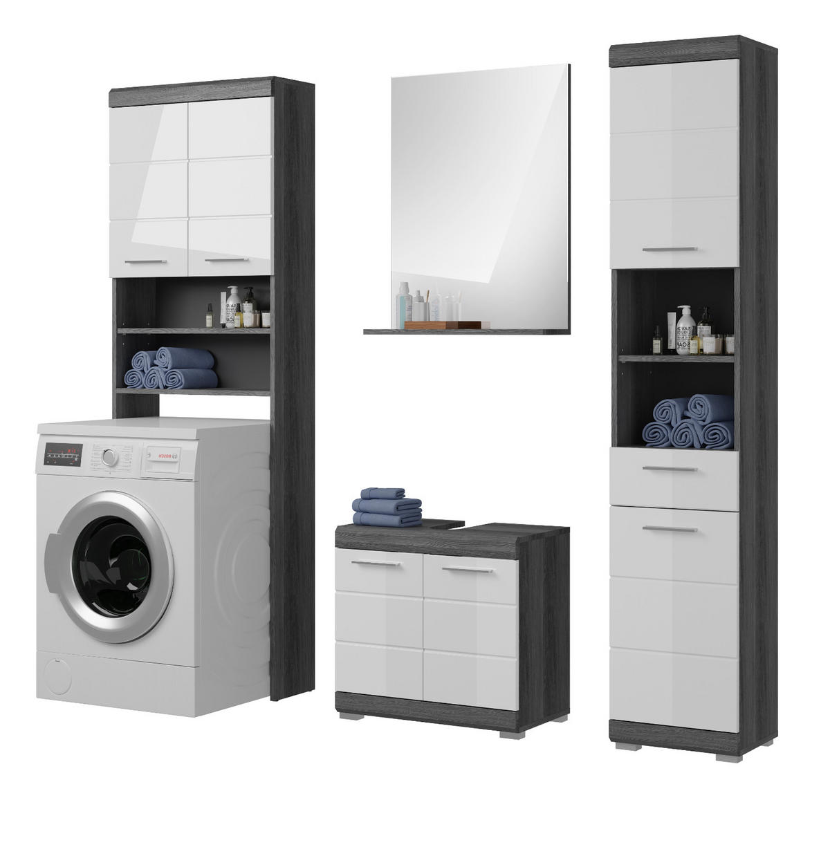 BADMÖBEL-SET weiß Hochglanz, grau 4-teilig 190 cm, Komplettset mit 14 Fächern - Weiß Hochglanz/Grau, Holzwerkstoff (190/191/34cm) - Inn.Furn