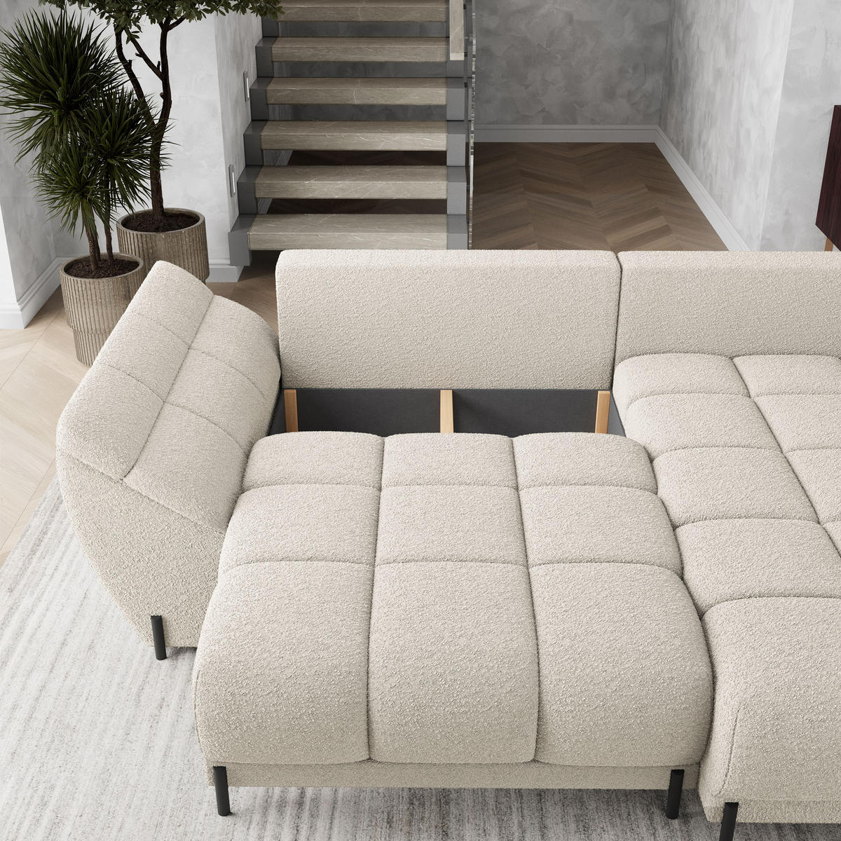 ECKSOFA VESTANO R-S Creme Boucle-Stoff mit Schlaffunktion - Creme, Holz (287/182cm) - MASSENO