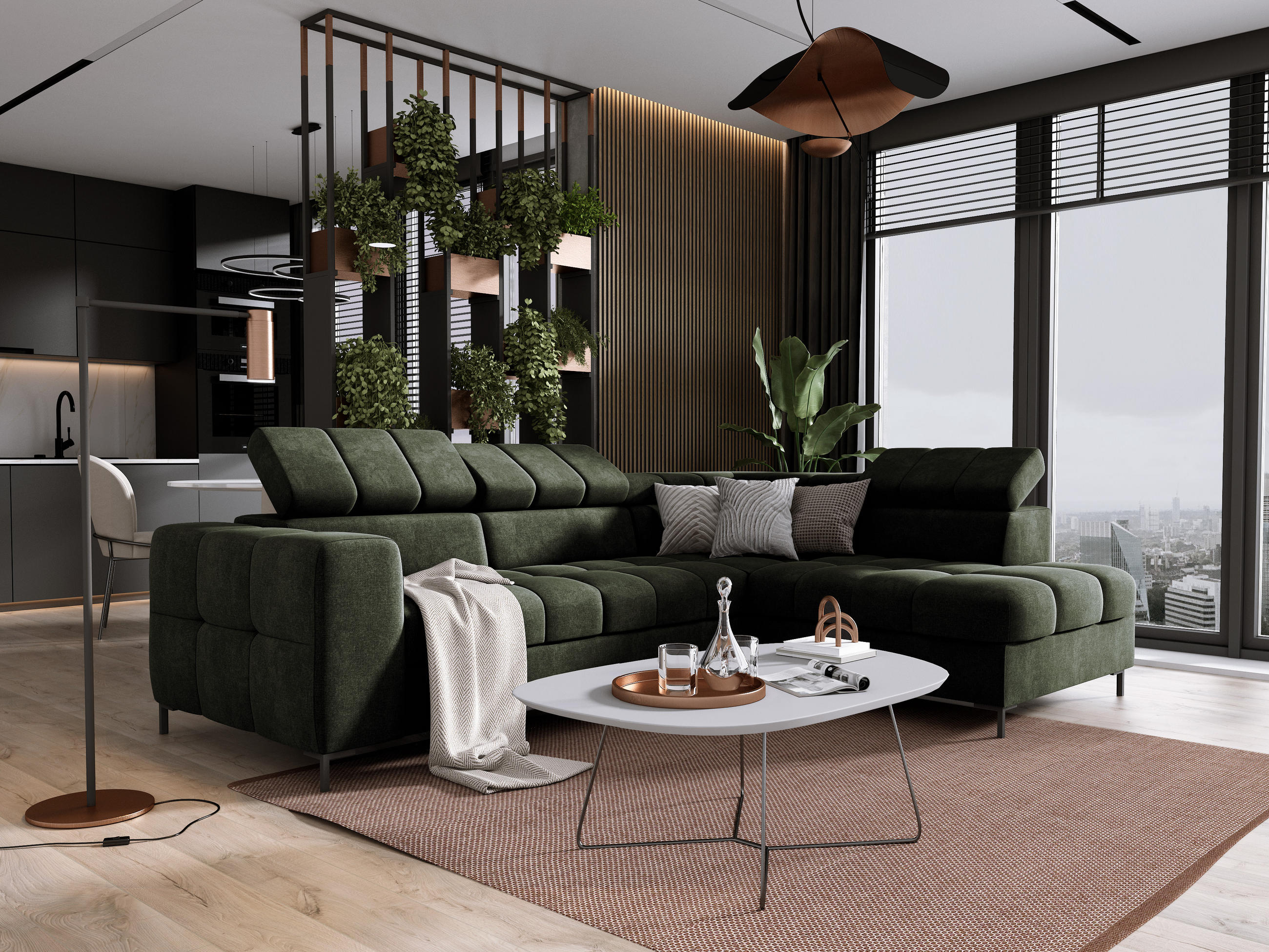 ECKSOFA PABLOS Vogue, L-förmig, Moderne, mit verstellbarem Kopfteil, Schlaf- & Lagermöglichkeiten, freistehend, RECHTS 279x201x97 cm Green - Grün, Holz/Textil (279/201cm) - DomoHome