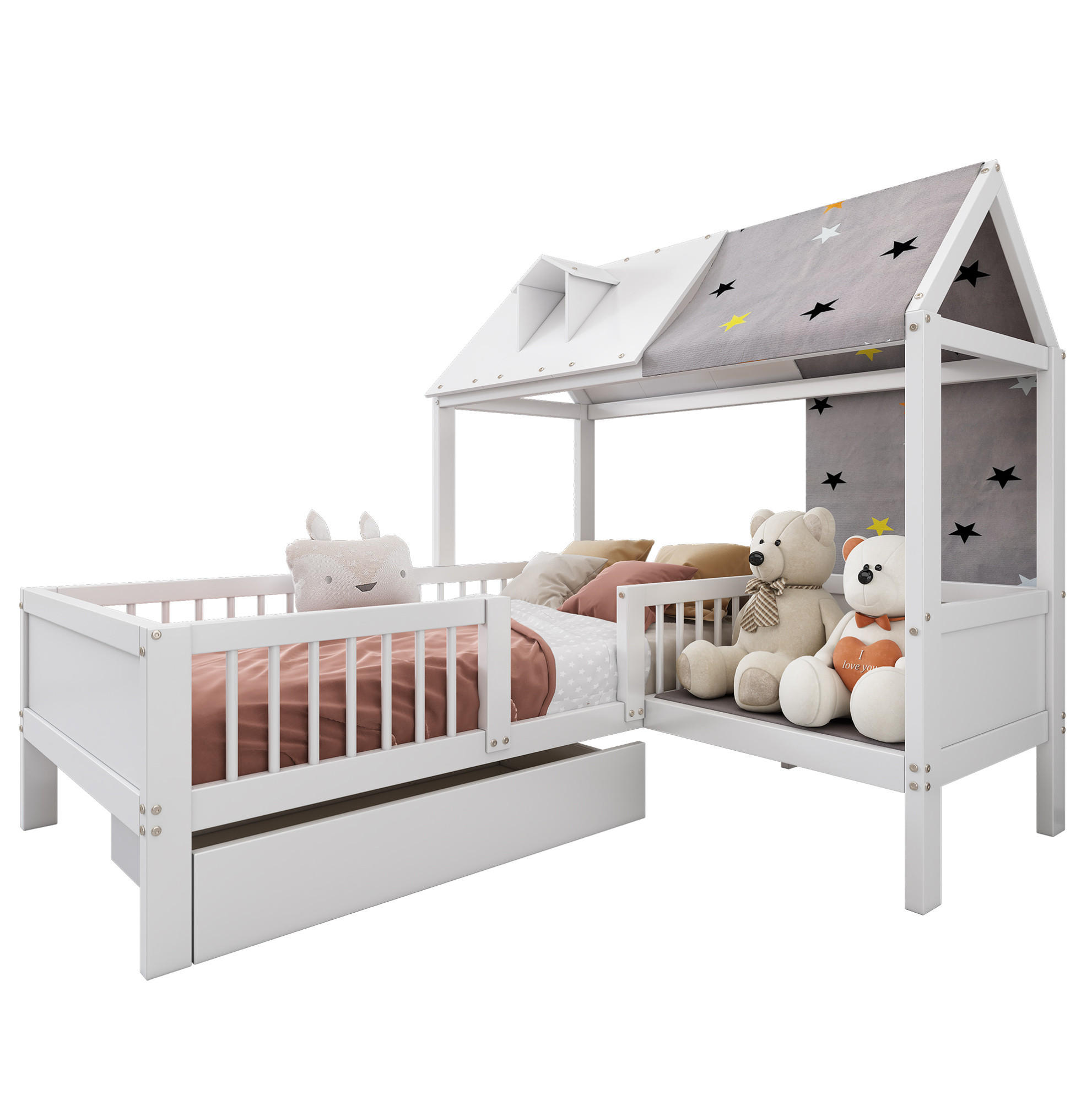 KINDERBETT Hausbett 90/200 cm Weiß mit Schubladen und Lattenrost - Weiß, Holzwerkstoff (90/200cm) - BEAOK
