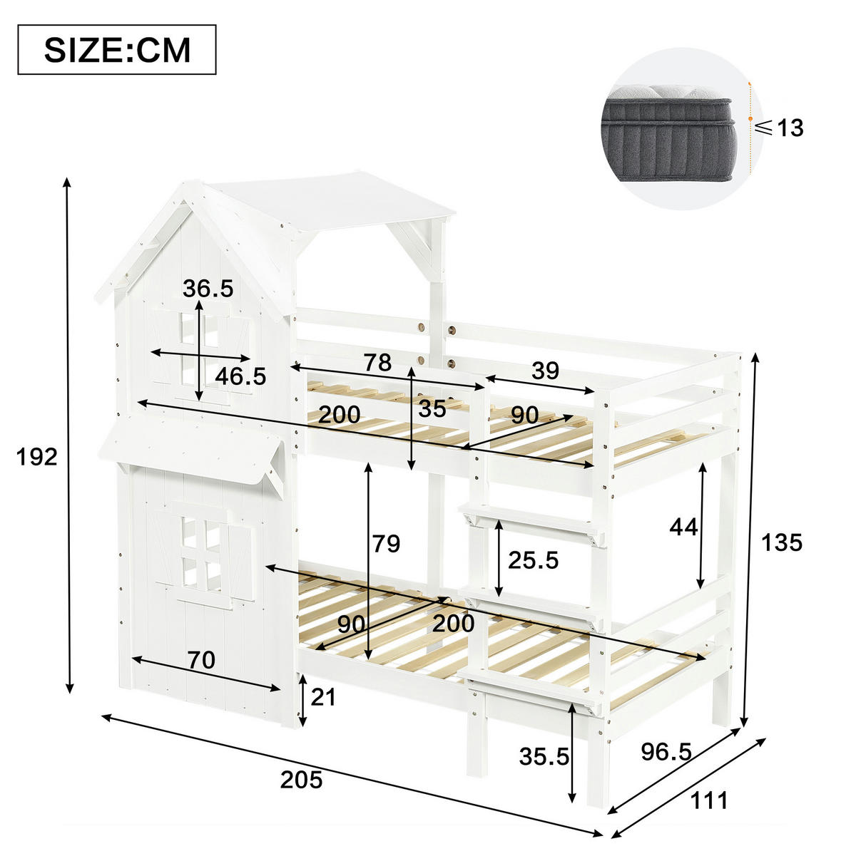 ETAGENBETT 90/200 cm, Weiß mit Dach, Fenstern und Sicherheitsgeländer - Weiß, Holzwerkstoff (90/200cm) - MIVRAY