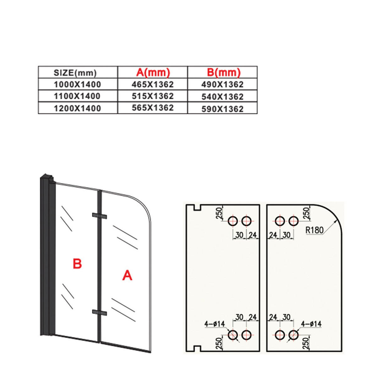 BADEWANNE Austin 2 Teile cm Schwarz - 120 x 140 cm - Schwarz, Glas (120/140cm) - Badplaats