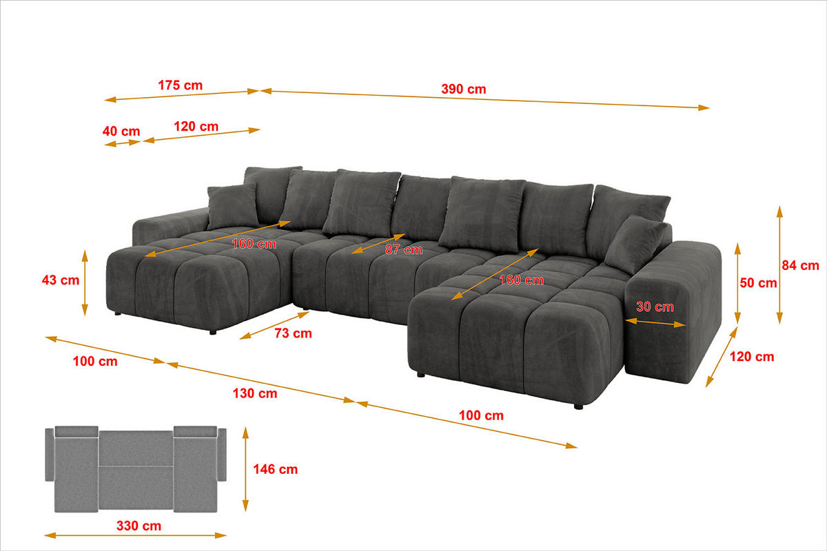 WOHNLANDSCHAFT ENIL-U 390x175x84 Dunkelgrau Velours - Dunkelgrau, Holzwerkstoff/Kunststoff (390/84/175cm) - ALTDECOR