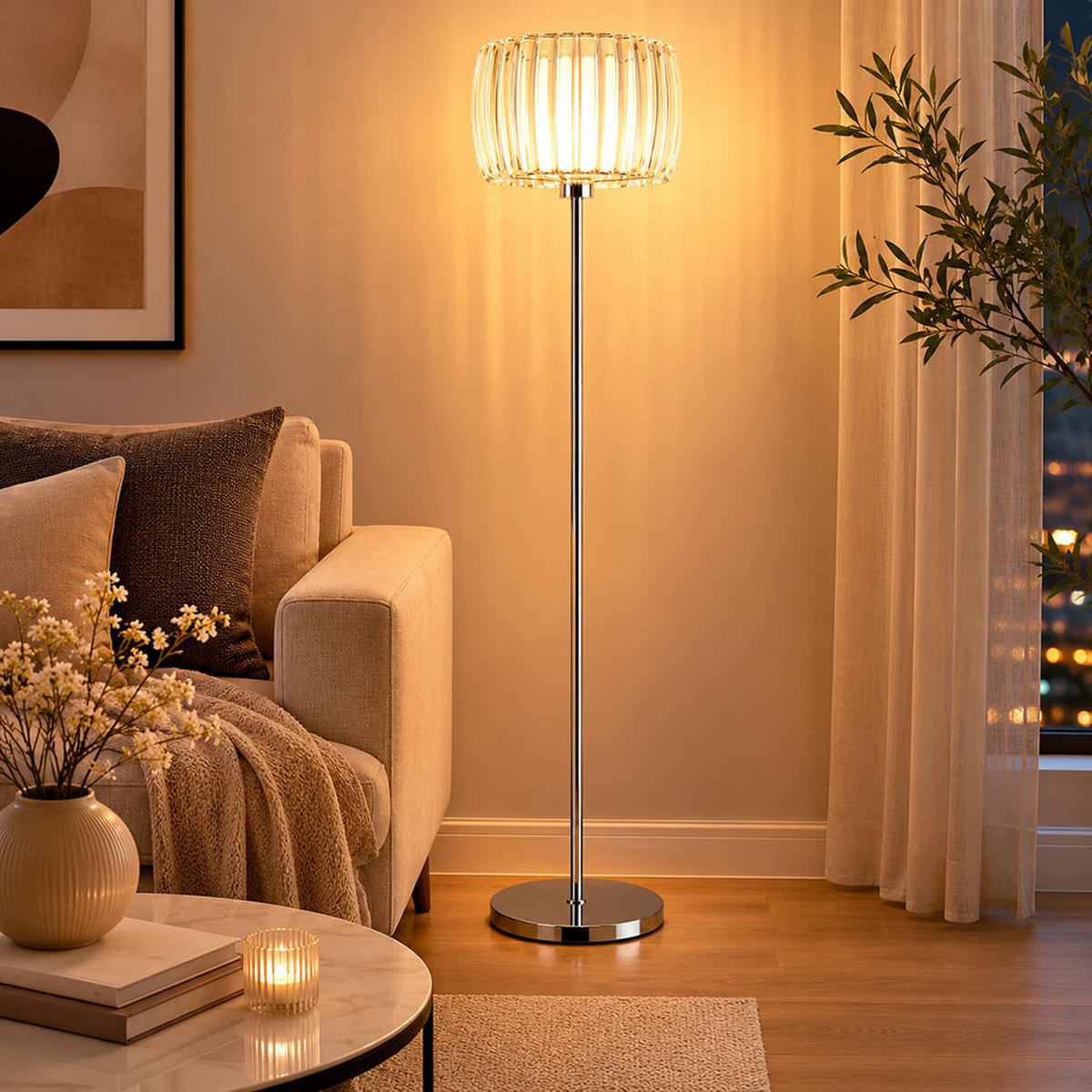 LED STEHLEUCHTE, Metall verchromt, Silber, Fußschalter - Silberfarben, Glas (32.5/32.5/150cm) - Globo Lighting