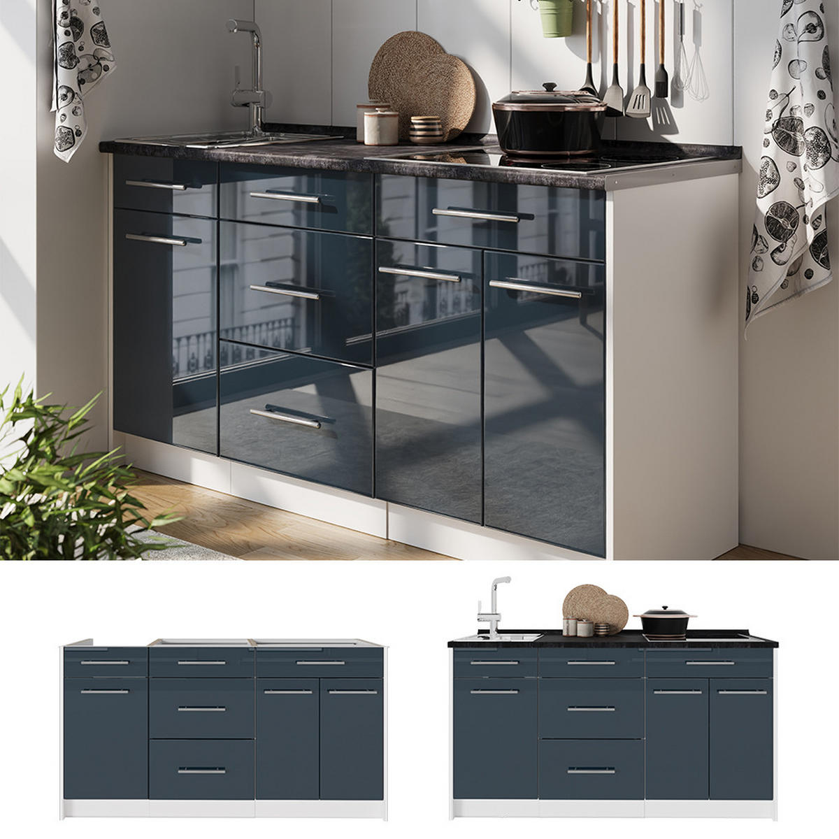 KUCHYNSKÝ BLOK Fame-Line, Tmavo modrá vysoký lesk/biely, 150 cm, AP Oak - biela/tmavomodrá, kompozitné drevo (150/82/60cm) - Vicco
