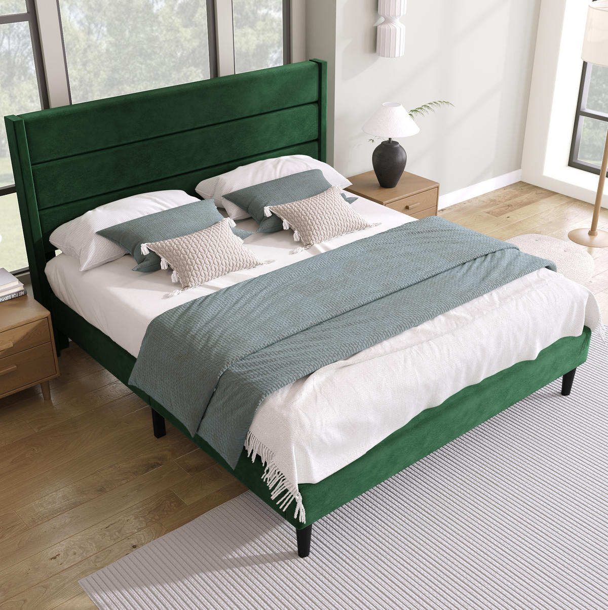 BETT mit Lattenrost 140x200 cm Samt Dunkelgrün - Grün, Holz (140/200cm) - Meubliv