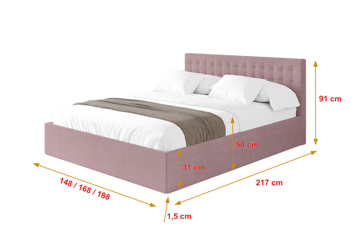 POLSTERBETT mit Bettkasten und Lattenrost, Boxbett ohne Matratze - PARI 180x200 Rosa - Rosa, Holzwerkstoff/Textil (180/200cm) - ALTDECOR