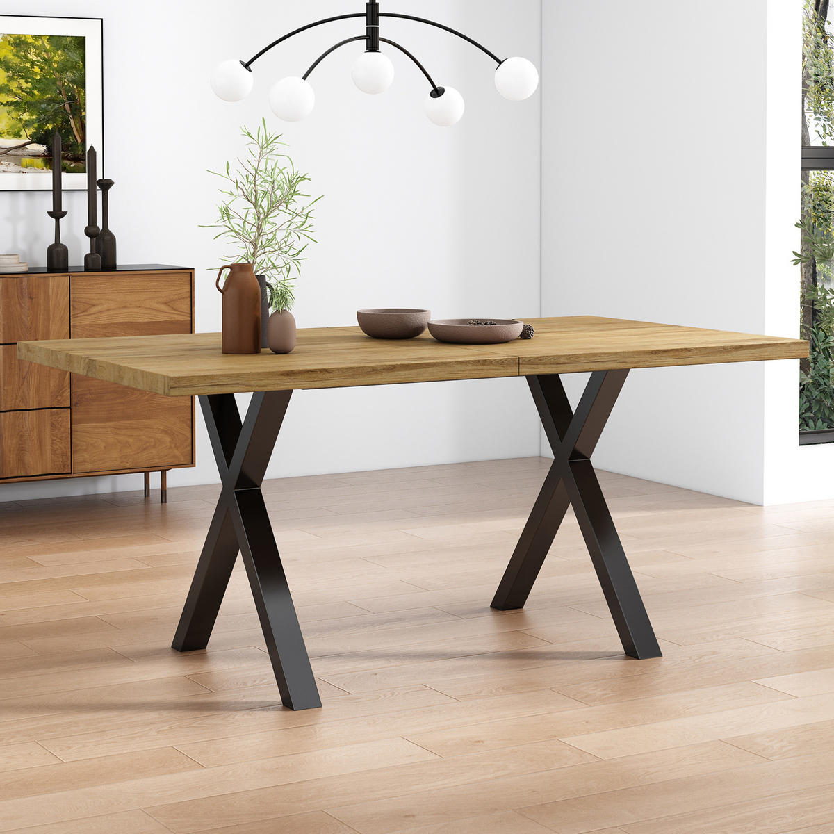ESSTISCH 140/80/76 cm Eiche aus MDF mit Metall-Kreuzgestell - Eichefarben, Holzwerkstoff (140/80/76cm) - OKWISH