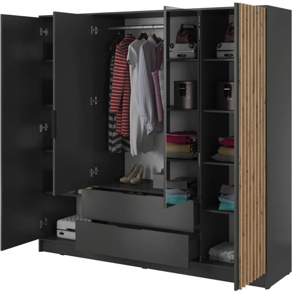 DREHTÜRENSCHRANK Kelly 206/200/51 4-türig graphit mit Spiegel - Graphitfarben/Schwarz, Holzwerkstoff/Kunststoff (206/200/51cm) - Beautysofa