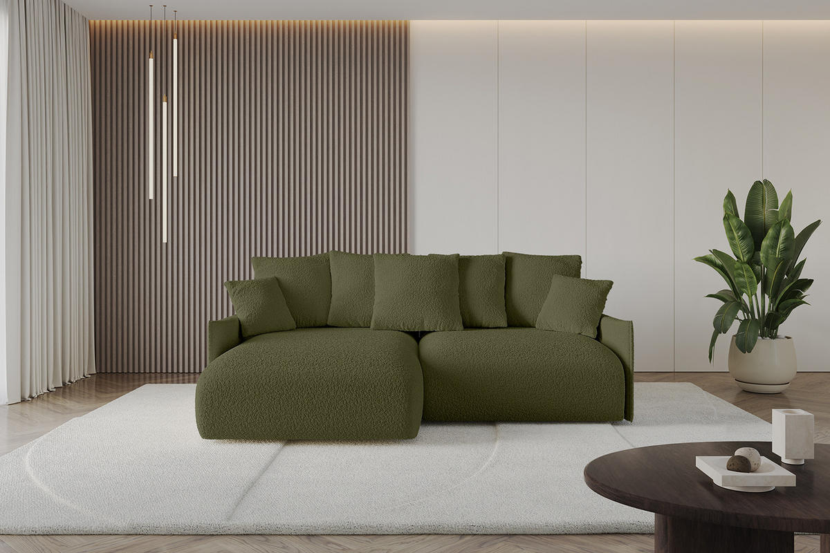ECKSOFA mit Schlaffunktion und Bettkasten ONESK-L -v1 208x165x40 Grün Bouclé - Grün, Holzwerkstoff/Kunststoff (208/165cm) - ALTDECOR